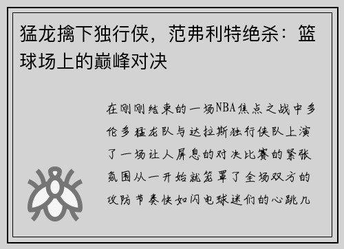 猛龙擒下独行侠，范弗利特绝杀：篮球场上的巅峰对决